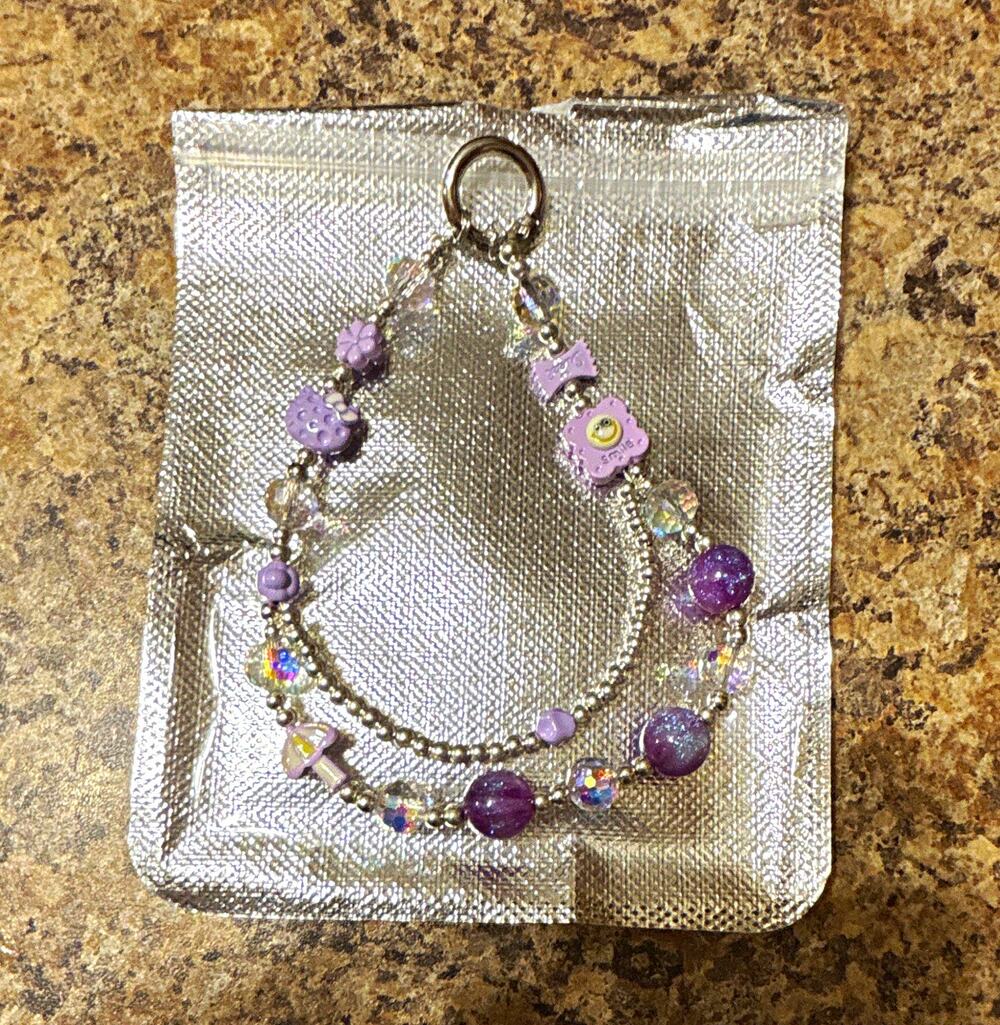 Silver Tone Layered Cable Chain Charm Bracelet Purple Round Crystal Beads
